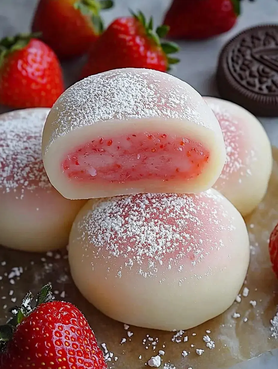 Eine Nahaufnahme von frisch gemachten Erdbeermochis, mit Puderzucker bestäubt, daneben ganze Erdbeeren und ein Oreo-Keks.