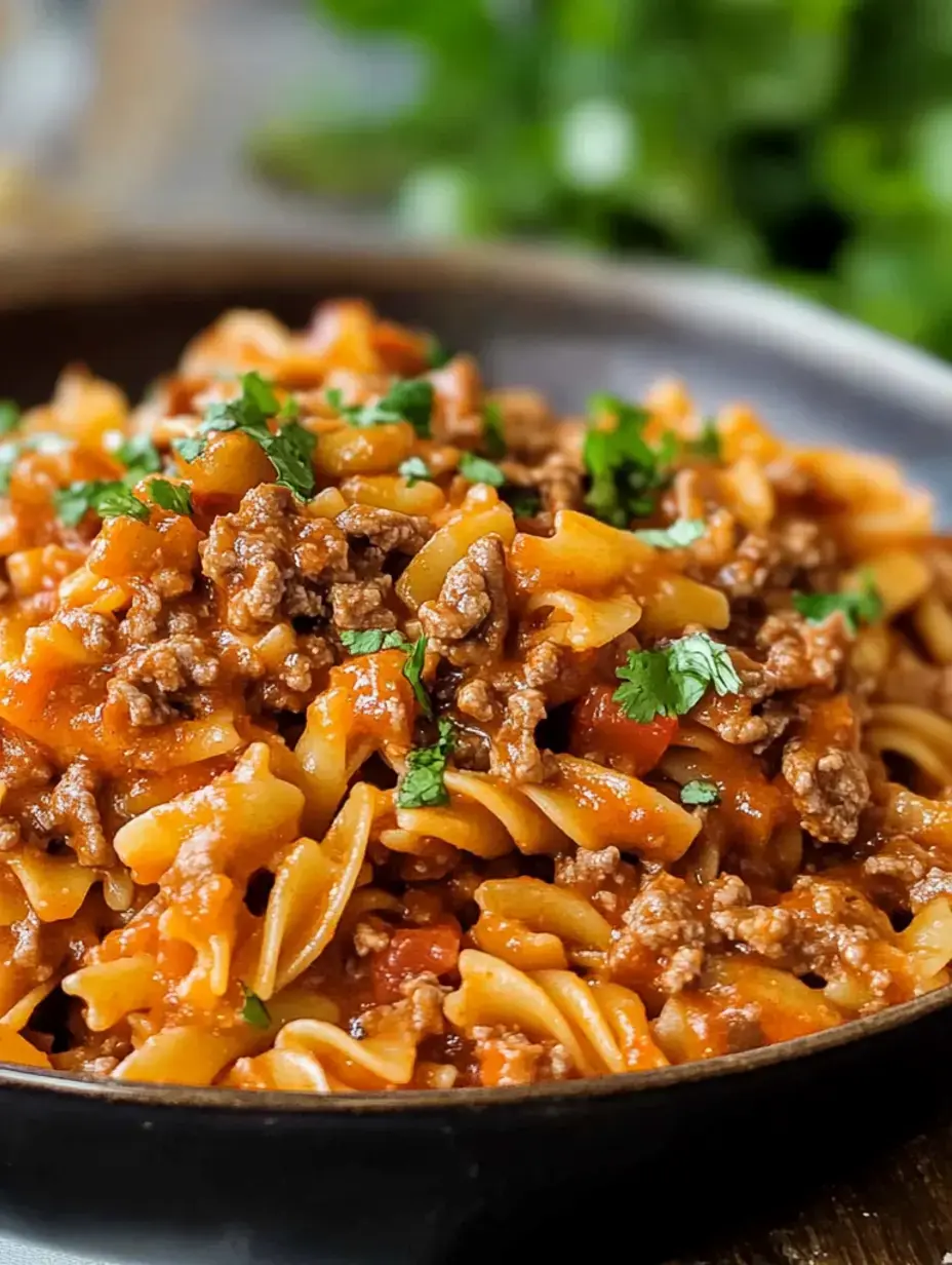 Eine Nahaufnahme einer Schüssel Nudeln mit Hackfleisch und Tomatensoße, garniert mit frischem Koriander.