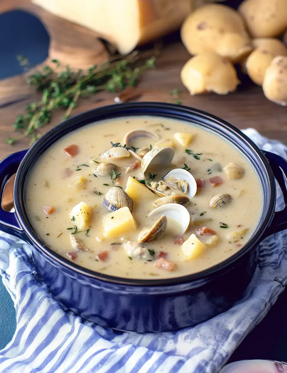 Eine leuchtende Schüssel cremiger Muschelsuppe mit Kartoffeln und Kräutern auf einem strukturierten blauen Tuch, umgeben von frischem Thymian und Kartoffeln im Hintergrund.