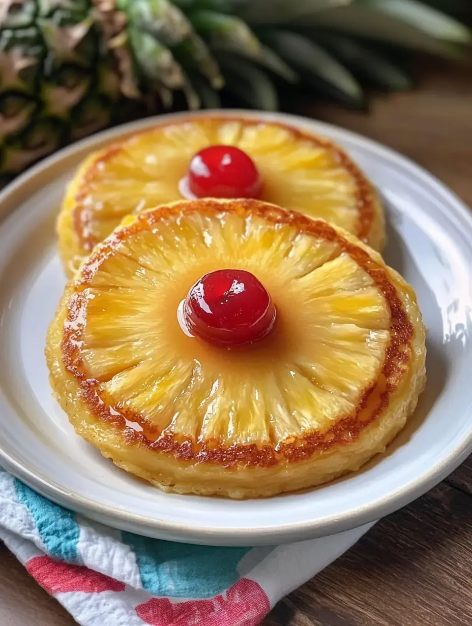 Ein Teller mit zwei buttrigen Ananas-Upside-Down-Kuchen, jeder mit einer leuchtend roten Kirsche verziert, auf einem bunten Tuch mit einer ganzen Ananas im Hintergrund.
