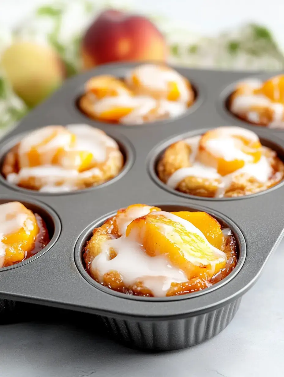 Ein Muffinblech mit frisch gebackenen Pfirsichpasteten, beträufelt mit Zuckerguss, mit ganzen Pfirsichen im Hintergrund.