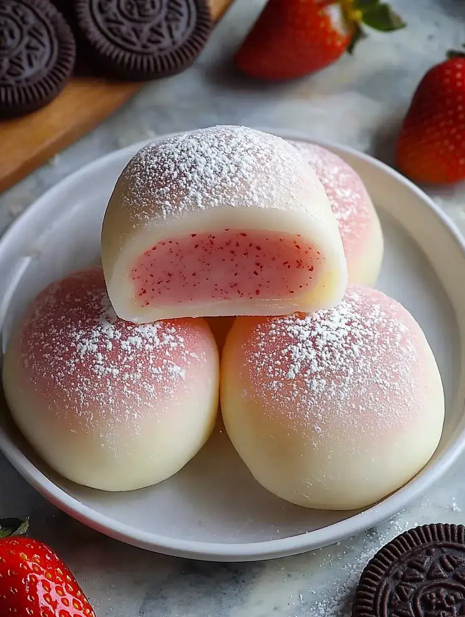 Ein Teller mit rosa gefärbten Mochis gefüllt mit Erdbeercreme, mit Puderzucker bestäubt, daneben frische Erdbeeren und Oreo-Kekse.