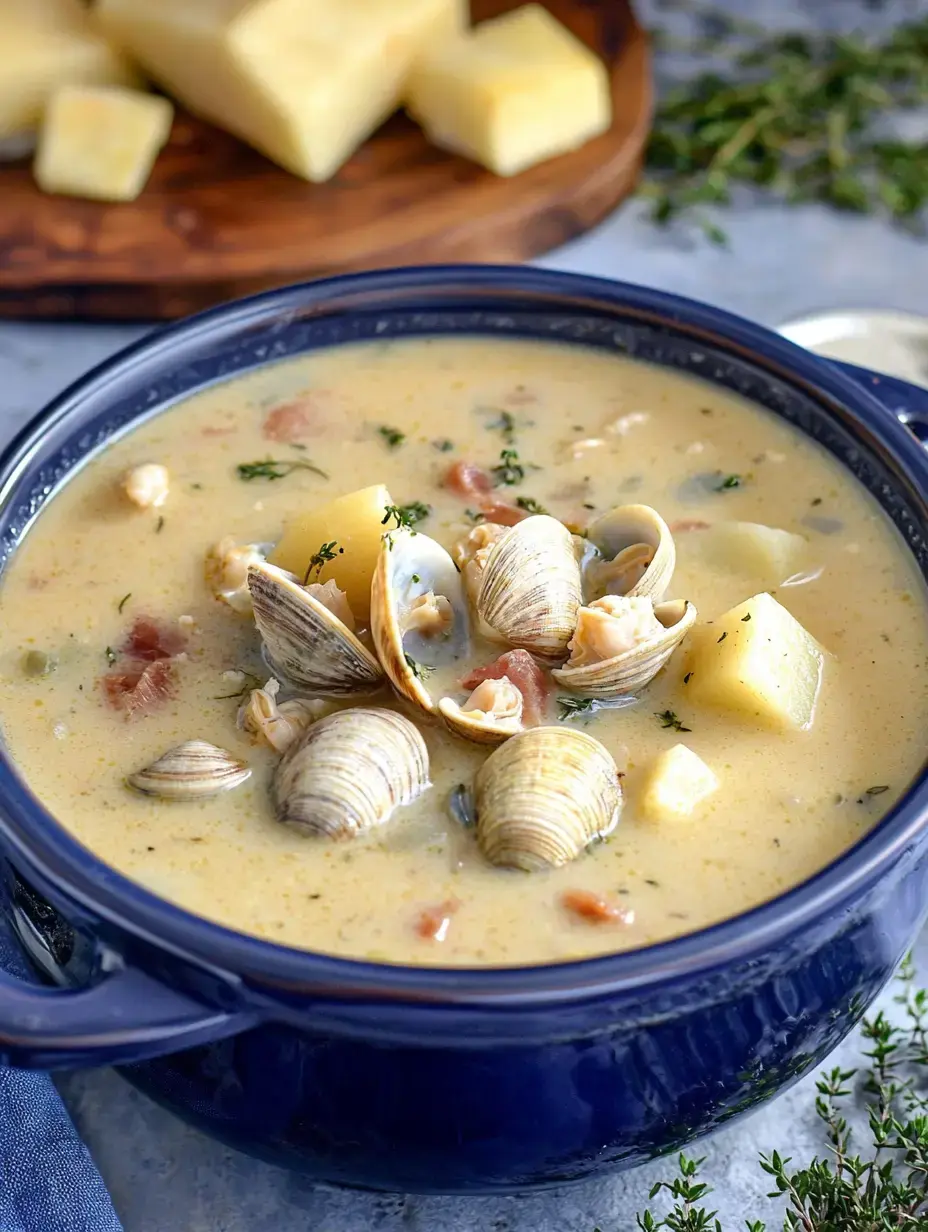 Eine Schüssel cremiger Muschelsuppe mit Kartoffeln, Muscheln und Kräutern, begleitet von Käsewürfeln im Hintergrund.
