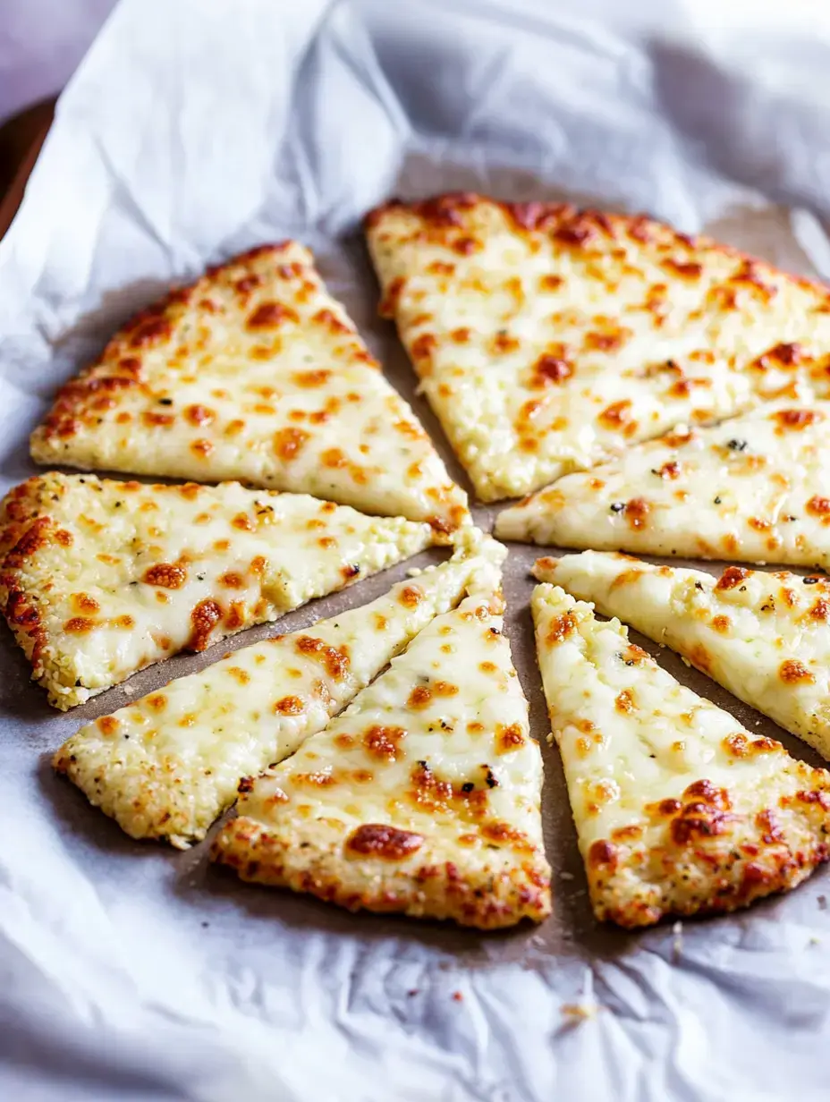 Eine frisch gebackene Käsepizza in acht Stücke geschnitten, auf Backpapier liegend.