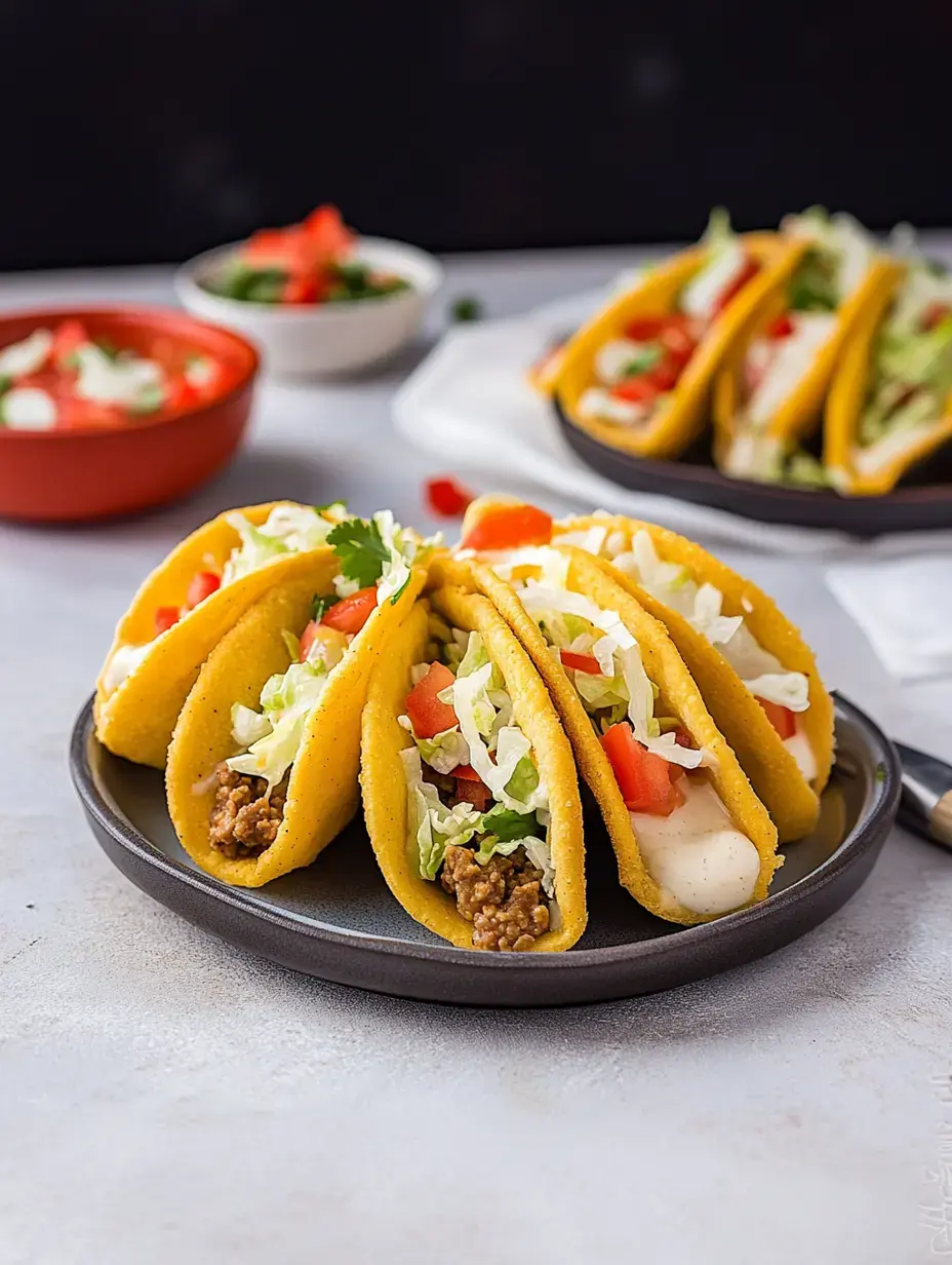 Ein Teller mit bunten Tacos gefüllt mit Hackfleisch, Salat, Tomaten und einer cremigen Sauce, begleitet von einer Schüssel Salsa im Hintergrund.