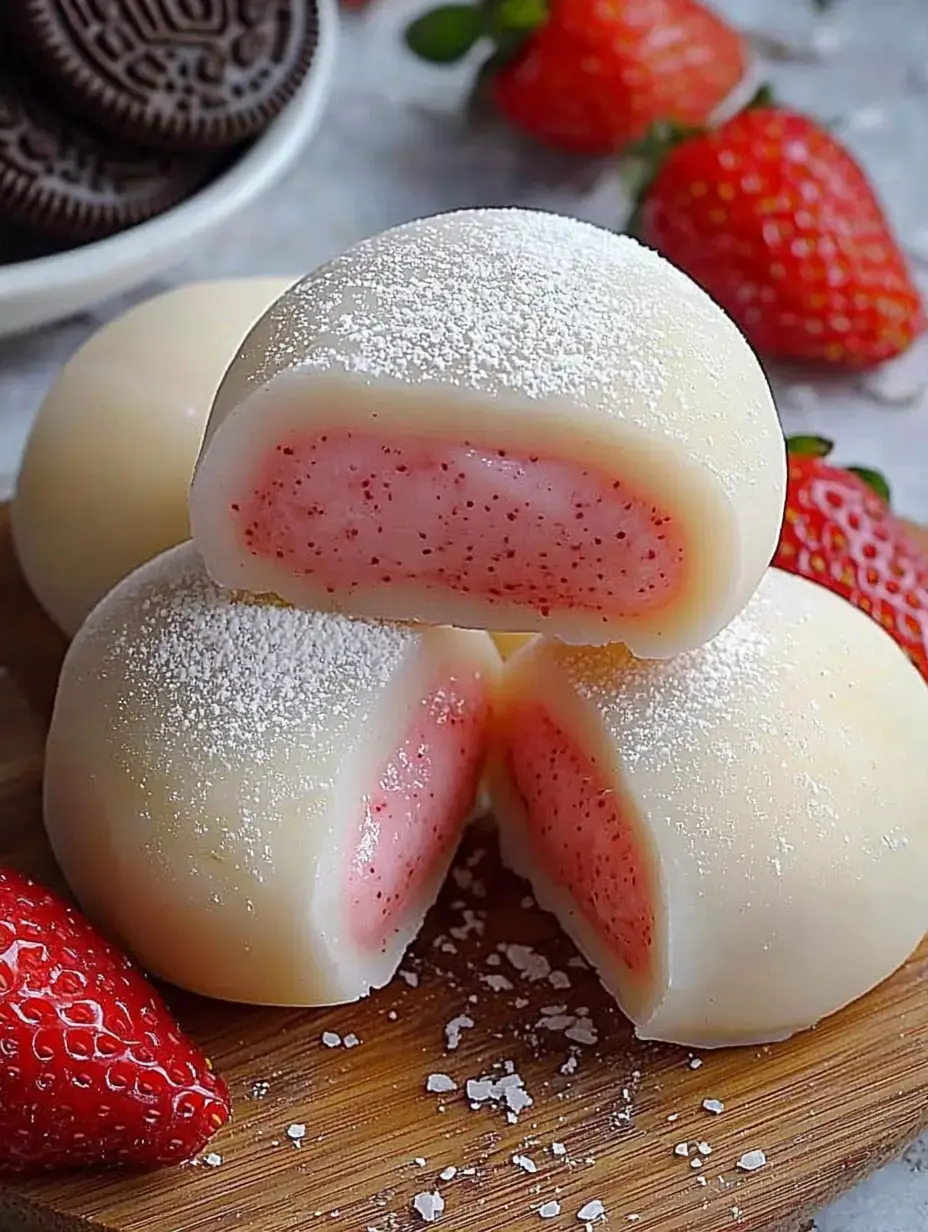Drei mit weißer Schokolade überzogene Erdbeer-Mochis, eines durchgeschnitten um die rosa Füllung zu zeigen, auf einem Holzbrett neben frischen Erdbeeren und einer Schale Oreos.