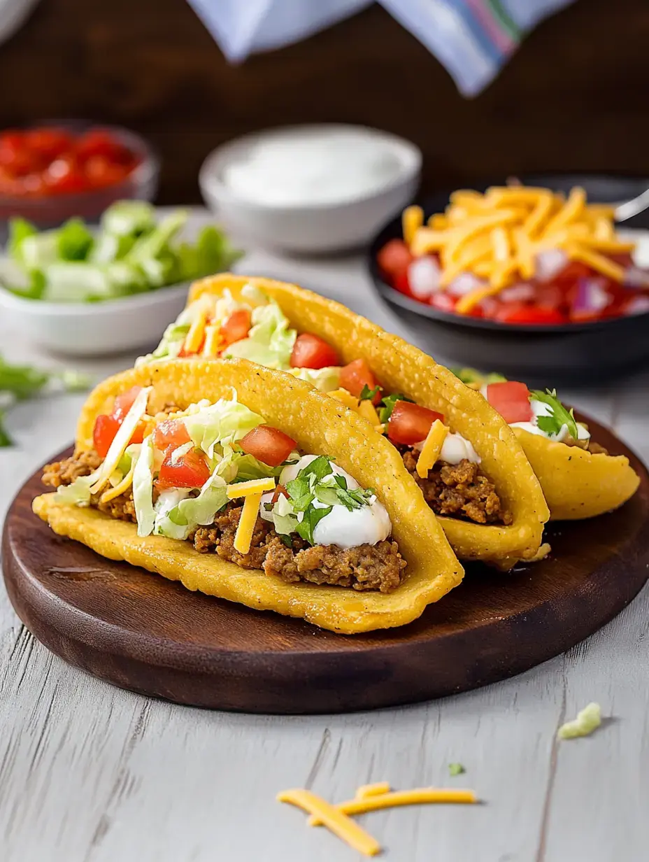 Zwei Tacos gefüllt mit Hackfleisch, Salat, Tomaten, Käse und saurer Sahne werden auf einem Holzteller serviert, mit zusätzlichen Belägen im Hintergrund.