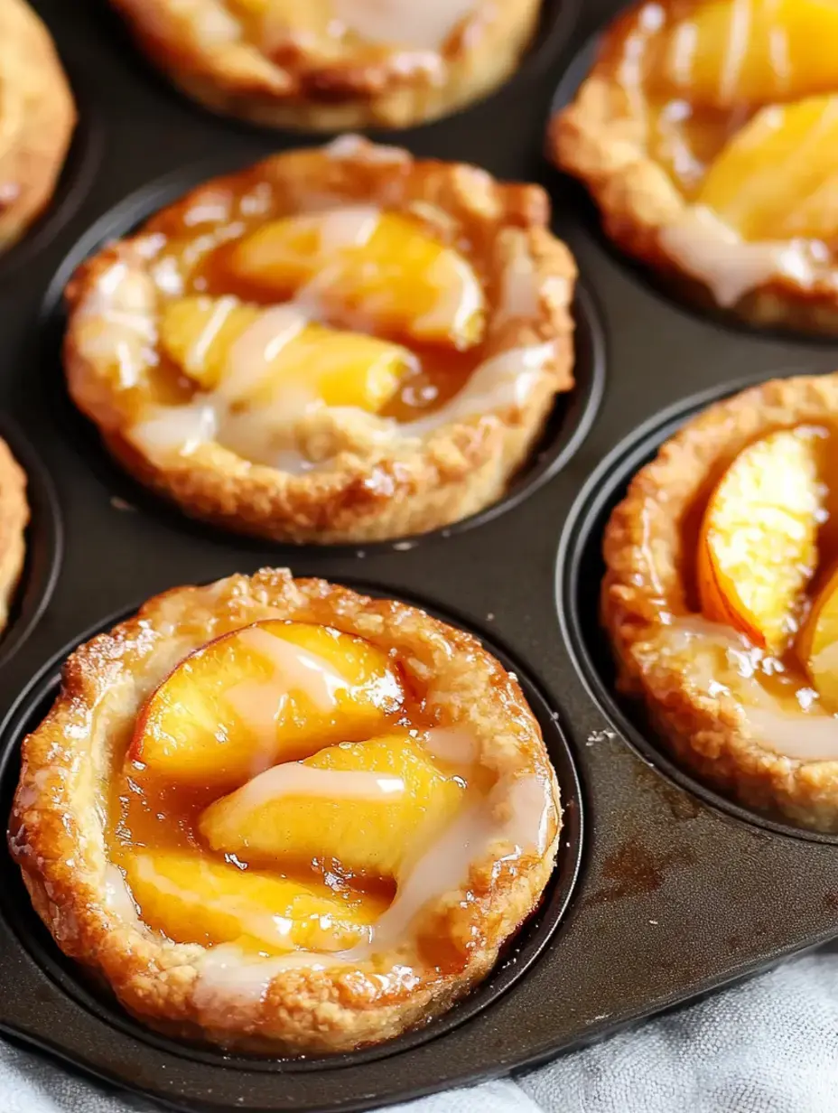 Eine Nahaufnahme von mehreren goldbraunen Mini-Pfirsichtörtchen mit Glasur, die in einer Muffinform angeordnet sind.