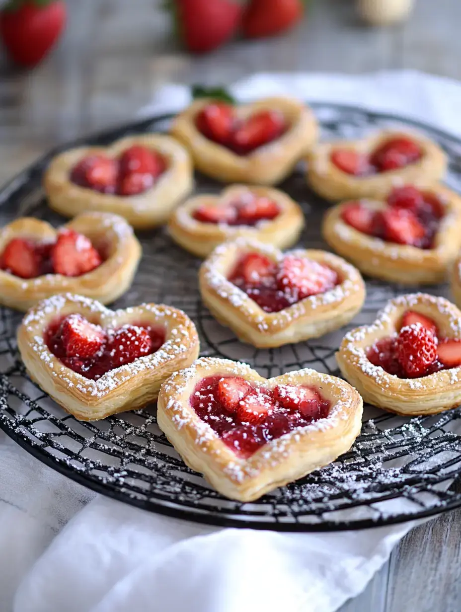 Ein Tablett mit herzförmigen Gebäckstücken gefüllt mit Erdbeeren und einer glänzenden roten Fruchtglasur, bestäubt mit Puderzucker.
