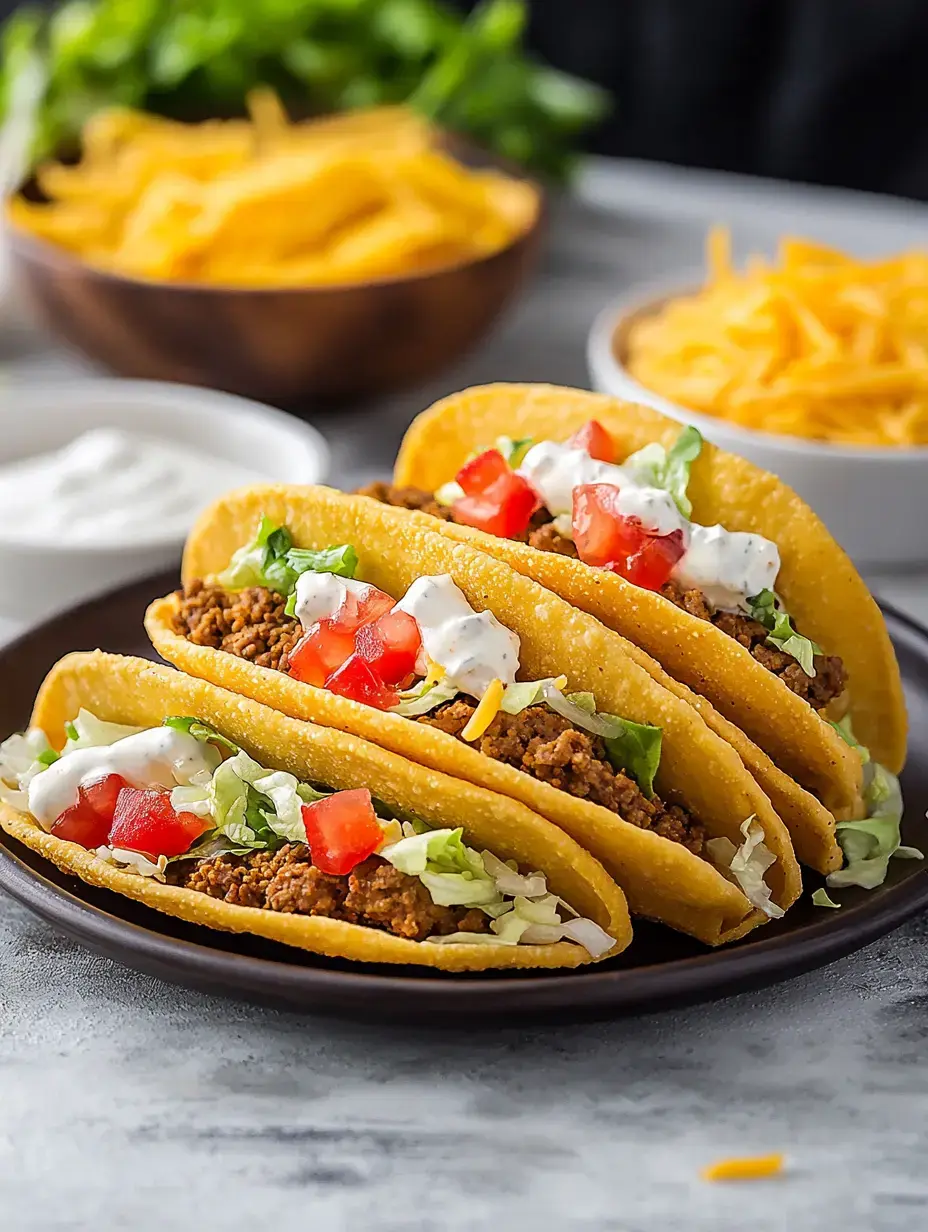 Drei gefüllte Tacos mit Hackfleisch, Salat, Tomaten und saurer Sahne werden auf einem dunklen Teller serviert, mit Schüsseln geriebenem Käse und anderen Belägen im Hintergrund.