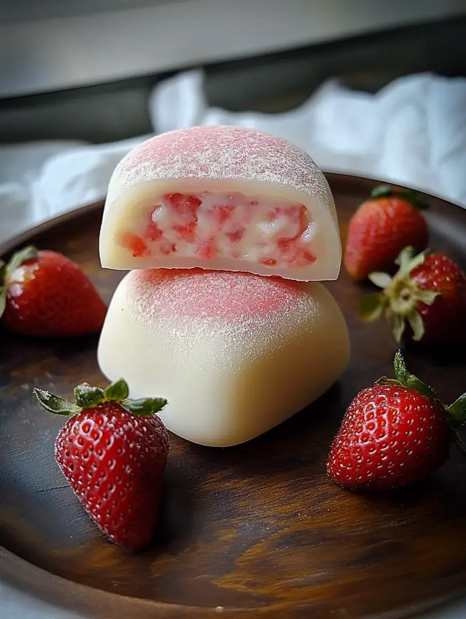 Eine Nahaufnahme von zwei Stücken rosa verzierter Mochis gefüllt mit Erdbeere und Sahne, umgeben von frischen Erdbeeren auf einem Holzteller.