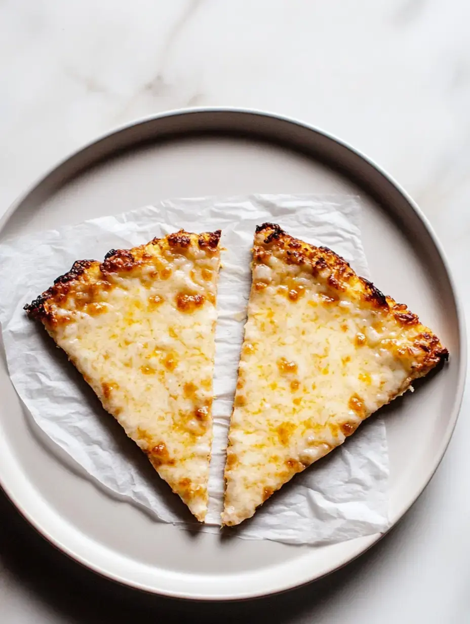 Zwei Stücke goldbraune Pizza liegen auf einem runden Teller mit einem Stück Backpapier darunter.