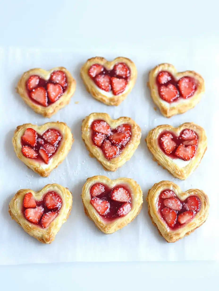 Ein Tablett mit herzförmigen Gebäckstücken gefüllt mit Erdbeeren und Glasur, bestreut mit Puderzucker.