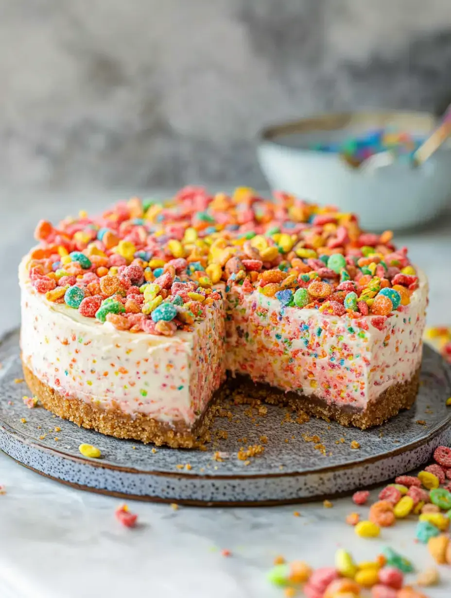 Ein bunter Kuchen mit Frühstücksflocken auf einem grauen Teller, mit einem herausgeschnittenen Stück und verstreuten Krümeln drumherum.