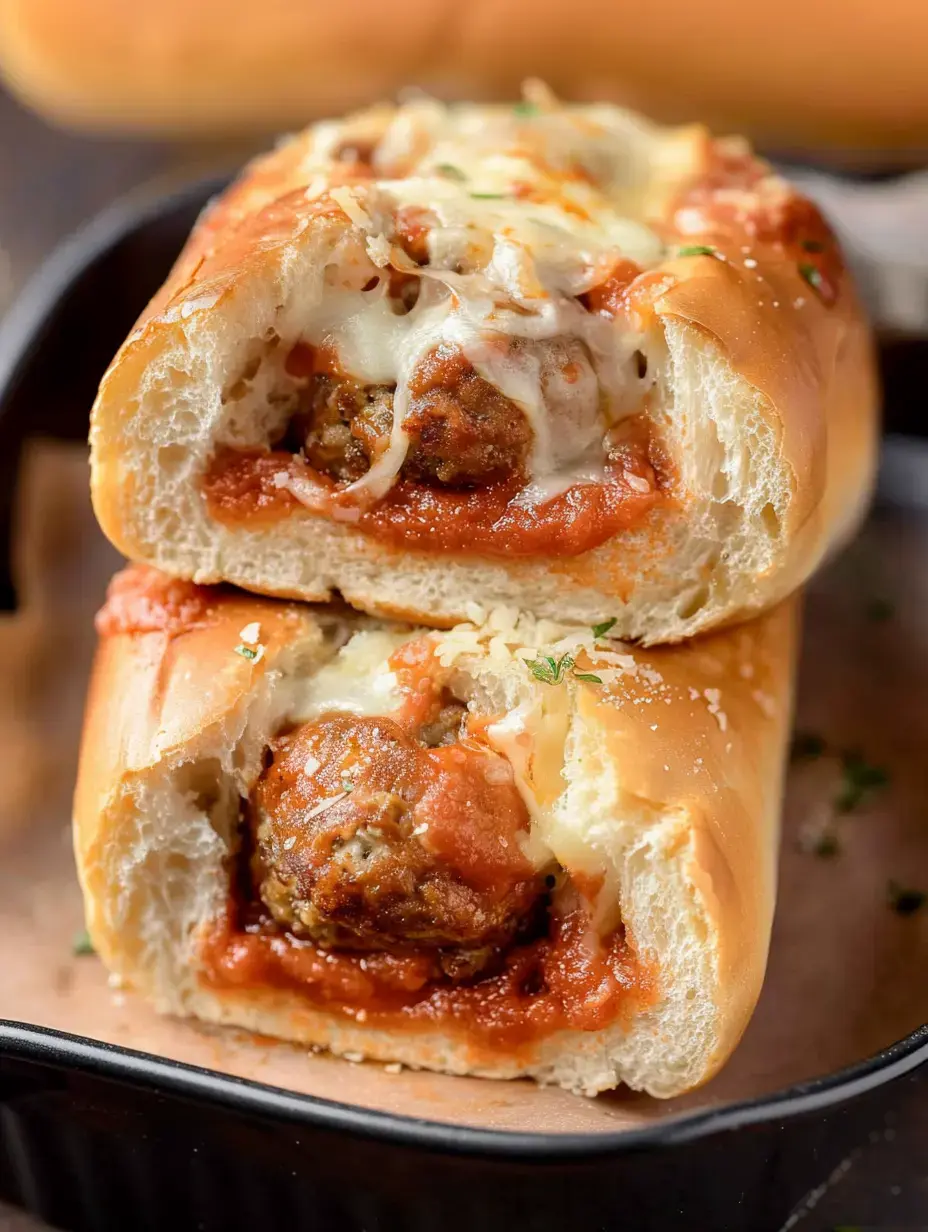 Eine Nahaufnahme von zwei Fleischbällchen-Sandwiches mit Marinara-Soße und geschmolzenem Käse, serviert in einer schwarzen Schale.