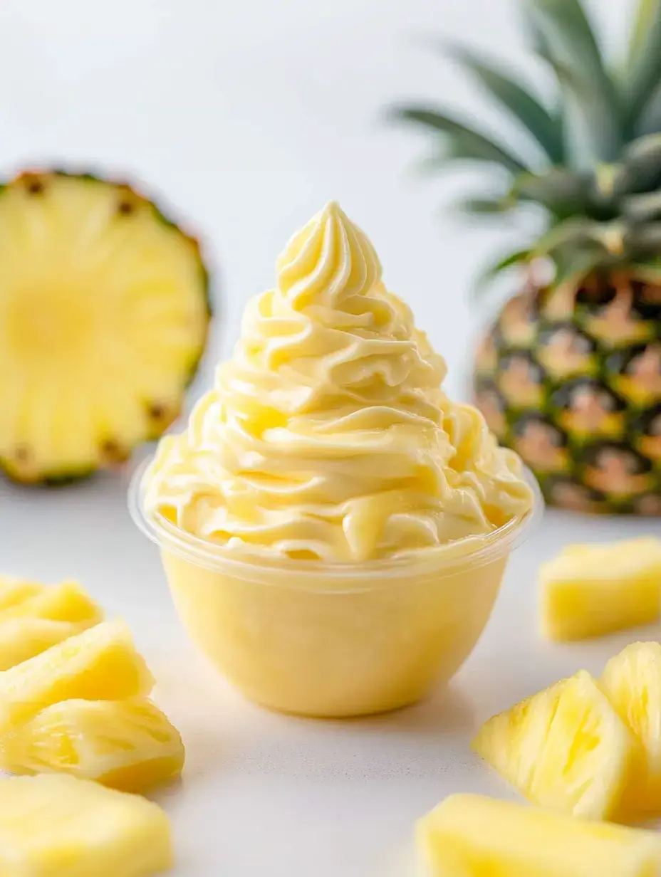 Ein cremiges Ananas-Softeis in einem Becher, umgeben von frischen Ananasstücken und einer ganzen Ananas im Hintergrund.