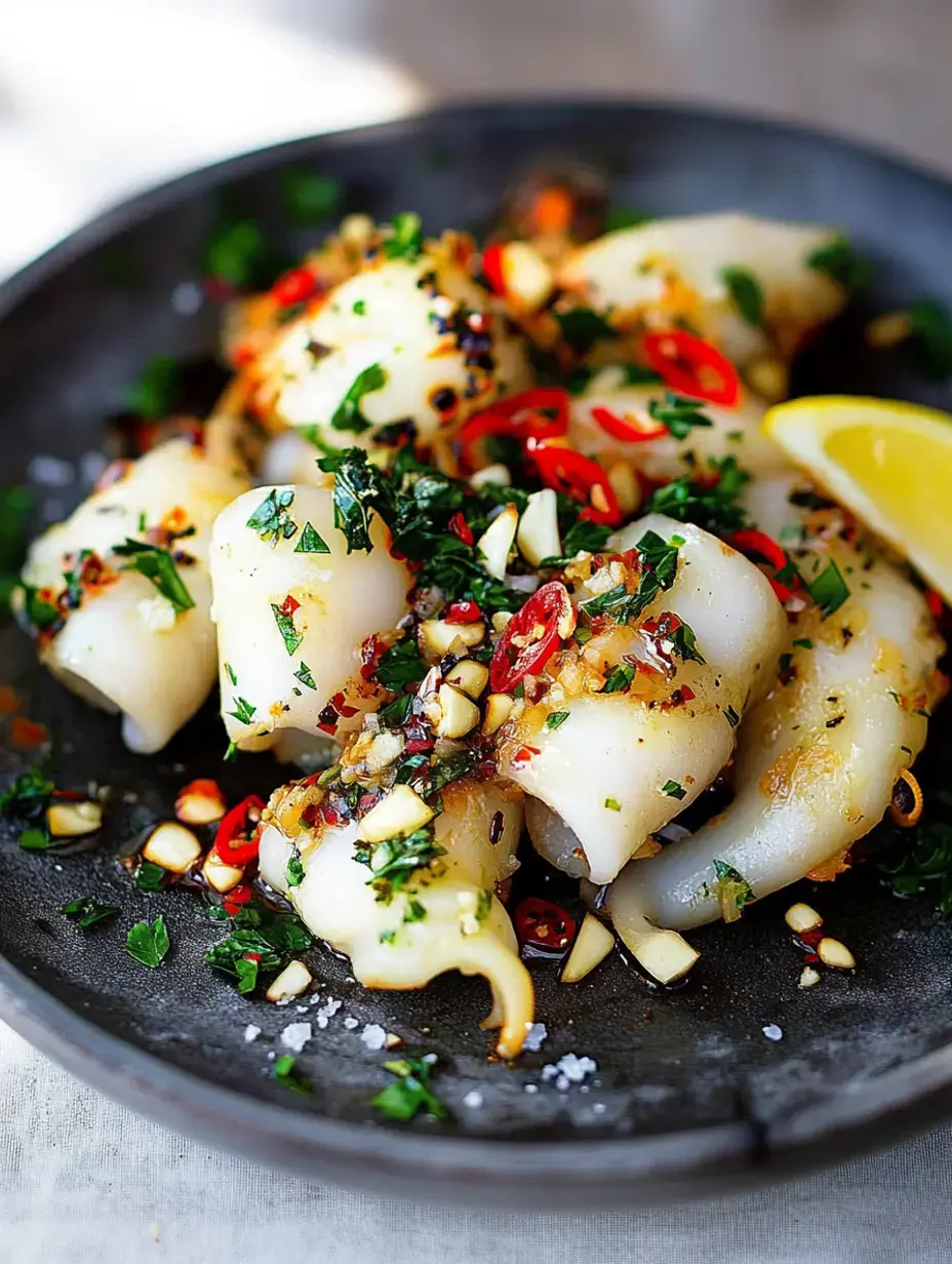 Eine Nahaufnahme eines schwarzen Tellers mit gekochtem Tintenfisch, garniert mit gehackten Kräutern, geschnittener roter Chili, gehacktem Knoblauch und einer Zitronenspalte.