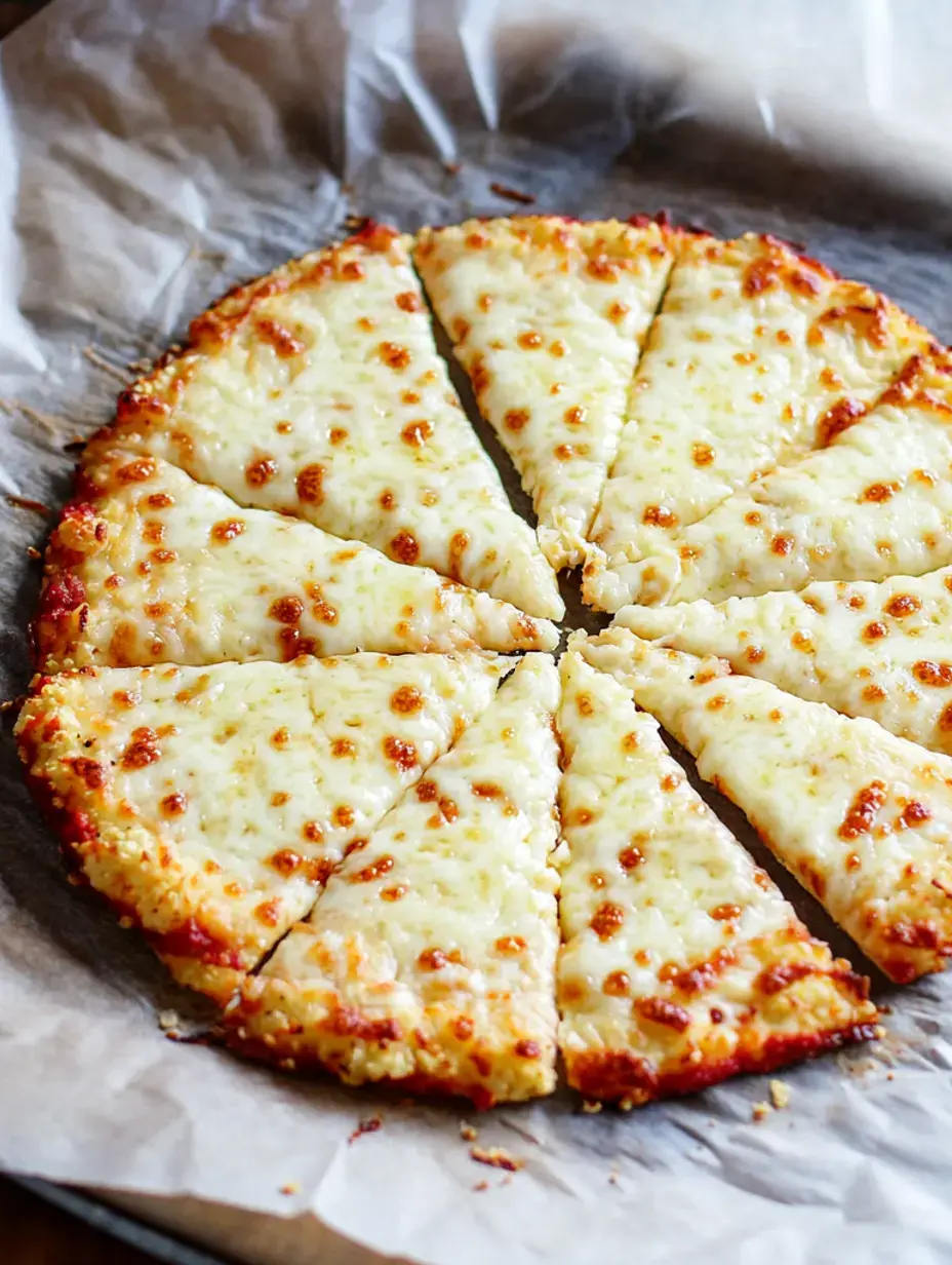 Eine frisch gebackene Käsepizza in acht Stücke geschnitten, auf Backpapier ruhend.