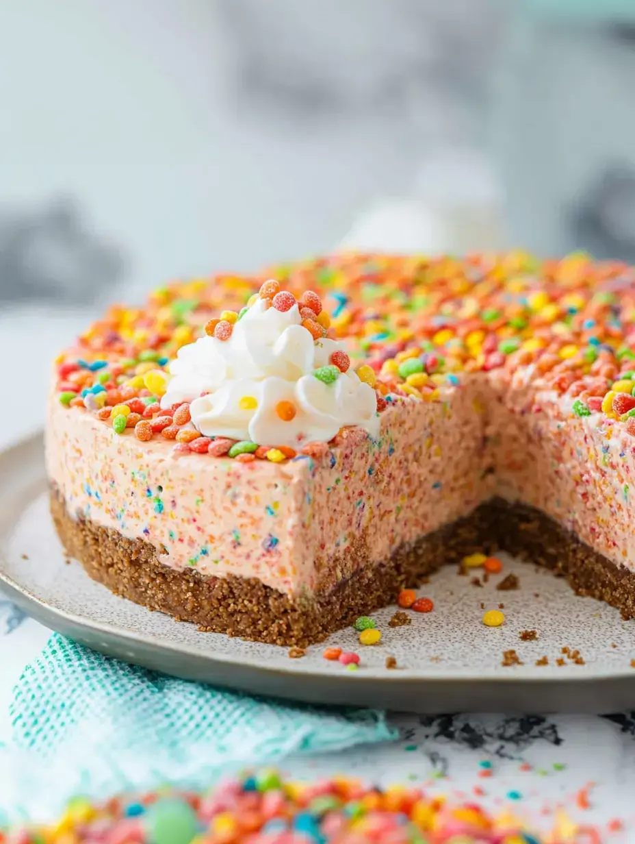 Ein leckerer Kühlschrankkuchen mit buntem Streuseltopping und Sahneverzierung, mit einem herausgenommenen Stück, das die cremige Textur und den krümeligen Boden zeigt.