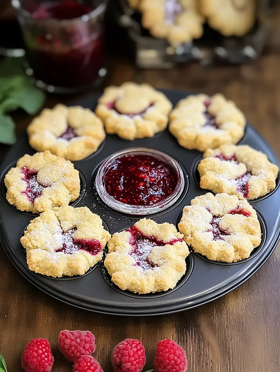Ein Teller mit gebackenen Keksen mit Konfitüre-Füllung, daneben eine kleine Schale mit Himbeerkonfitüre und frischen Himbeeren.