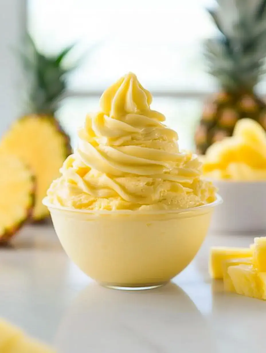 Eine Spirale aus cremigem, gelbem Ananas-Softeis in einer durchsichtigen Schüssel, umgeben von frischen Ananasstücken und einer ganzen Ananas im Hintergrund.