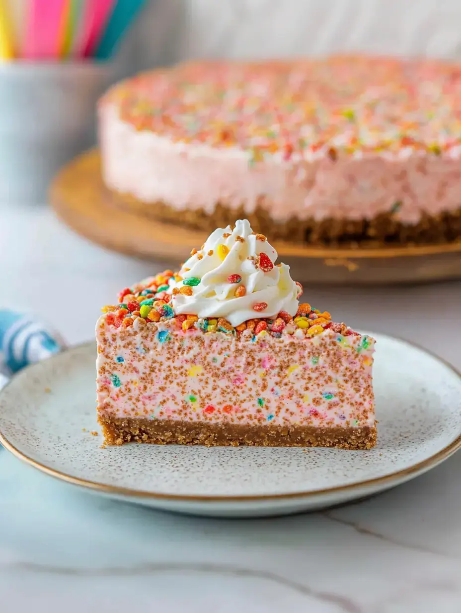 Ein Stück bunter, mit Streuseln bedeckter rosa Käsekuchen auf einem dekorativen Teller, mit einem ganzen Käsekuchen im Hintergrund.
