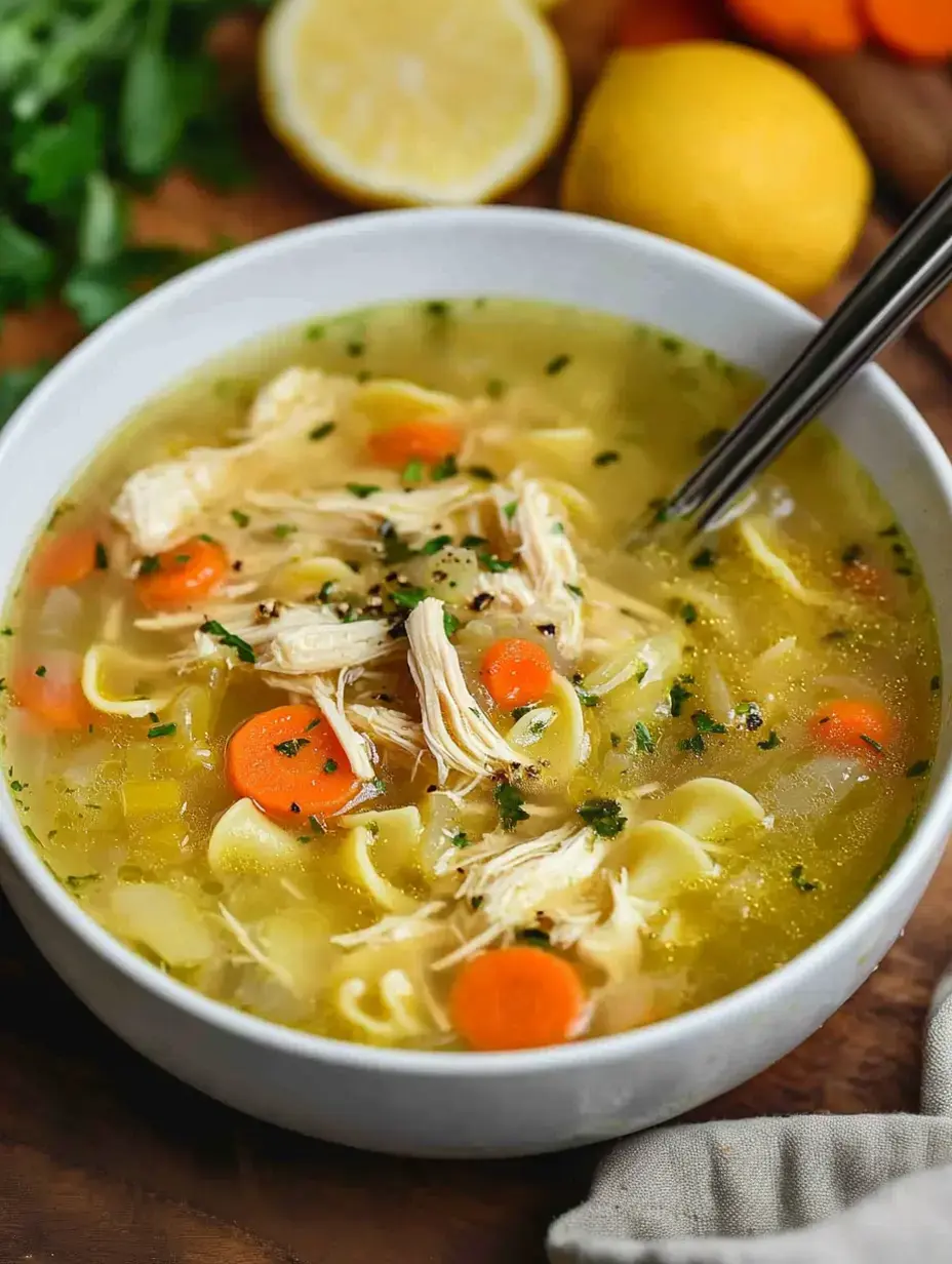 Eine Schüssel Hühnersuppe mit gezupftem Huhn, Karotten und Nudeln, garniert mit Kräutern und Zitronen im Hintergrund.