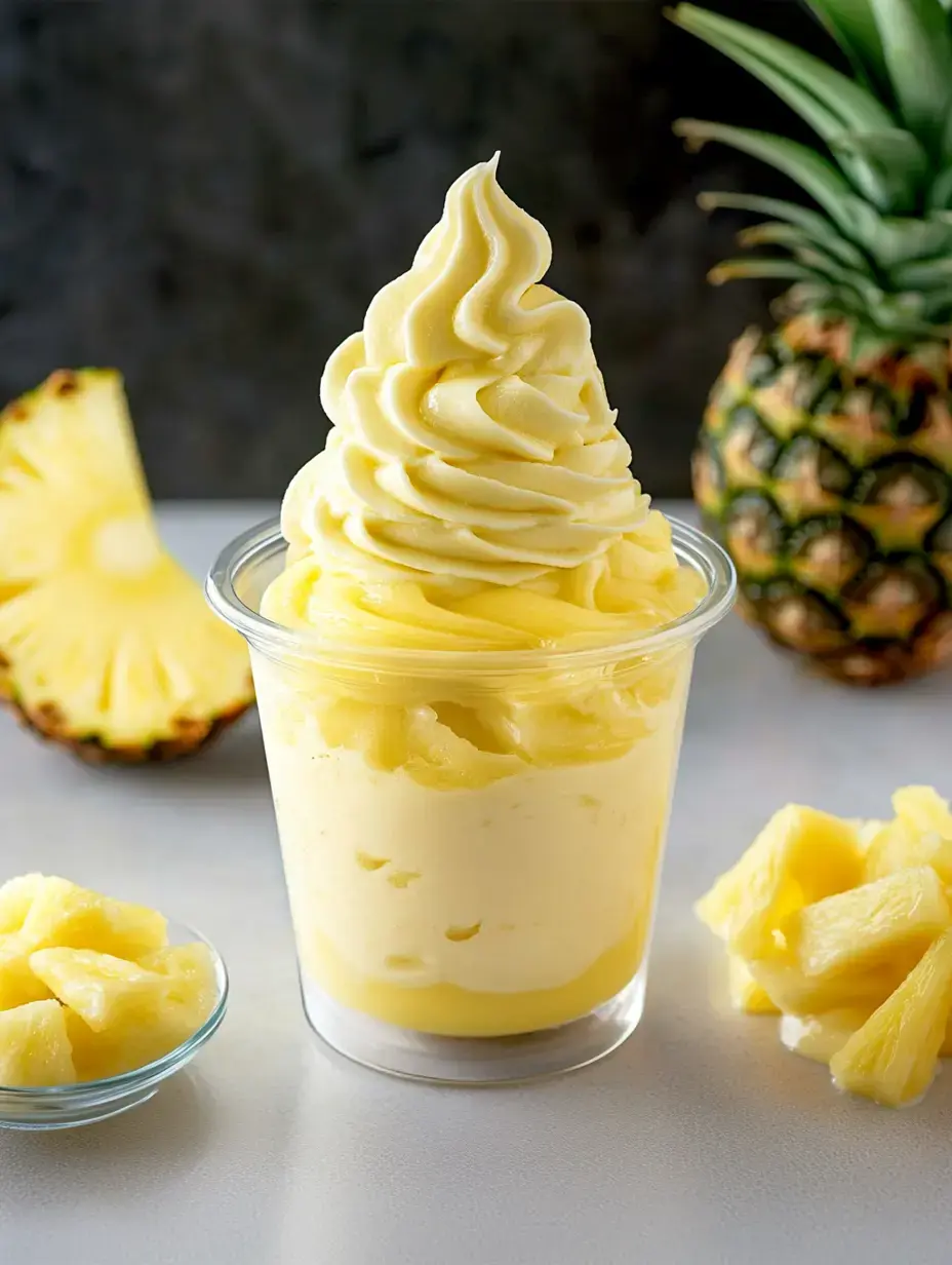 Ein Becher cremiges Ananas-Softeis mit eingedrehten Spitzen, daneben frische Ananasscheiben.