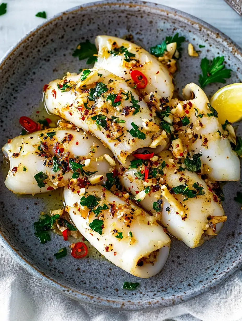 Ein Teller mit gefülltem Tintenfisch, garniert mit Kräutern, Knoblauch und Chili, dazu eine Zitronenspalte.