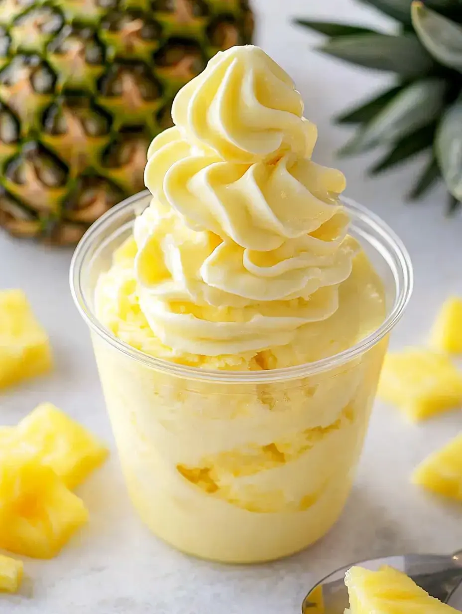 Ein Becher cremiges Ananas-Softeis neben frischen Ananasstücken auf einer hellen Oberfläche.