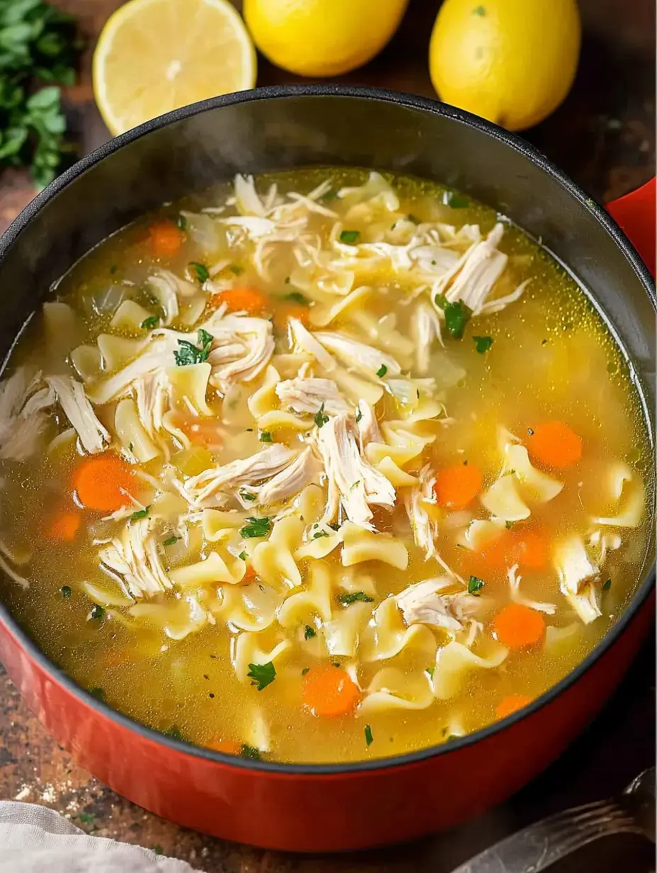 Eine dampfende Schüssel Hühnersuppe mit gezupftem Huhn, Karotten und Petersilie, garniert mit Zitronenhälften im Hintergrund.