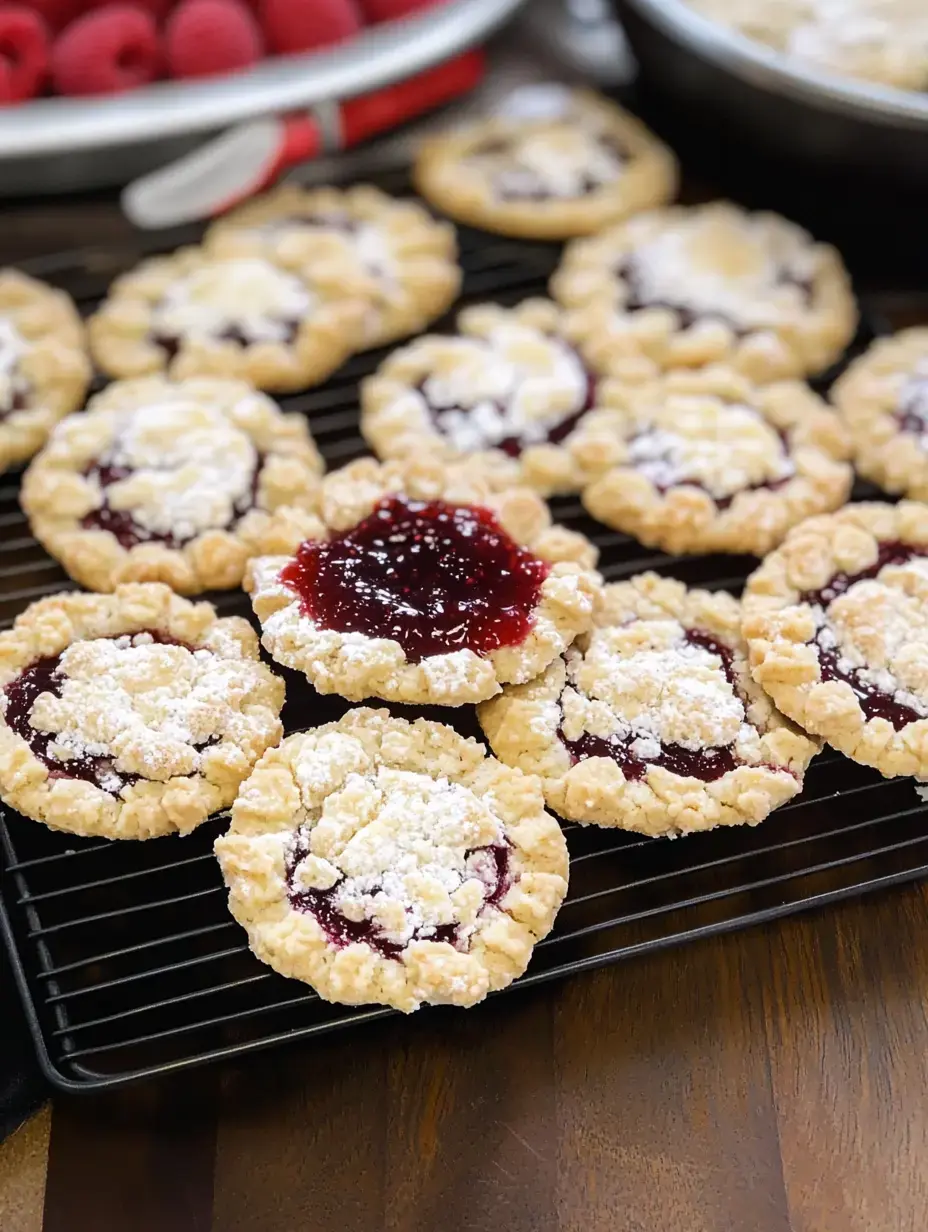 Ein Blech frisch gebackener, mit Himbeeren gefüllter Kekse mit Puderzucker bestäubt liegt auf einem Abkühlgitter.