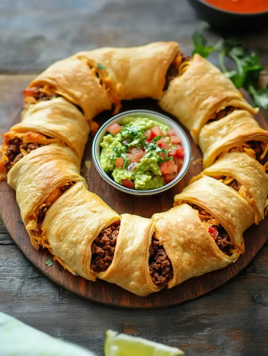 Eine kreisförmige Anordnung von gebackenem Teig gefüllt mit Hackfleisch, Käse und Gemüse, serviert mit einer Schüssel Guacamole und Pico de Gallo.