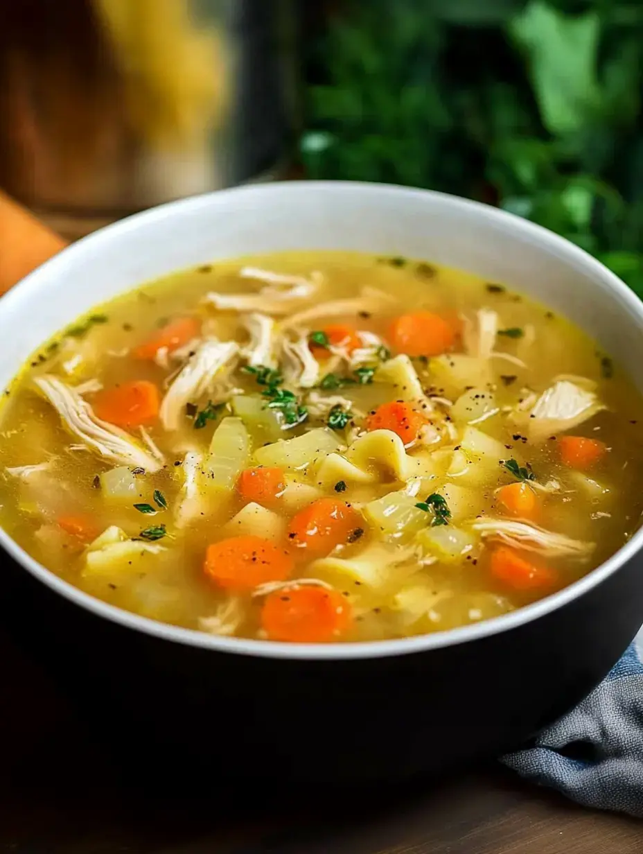 Eine Schüssel Hühnersuppe mit Nudeln, gezupftem Huhn, Karotten und Sellerie, garniert mit Kräutern.