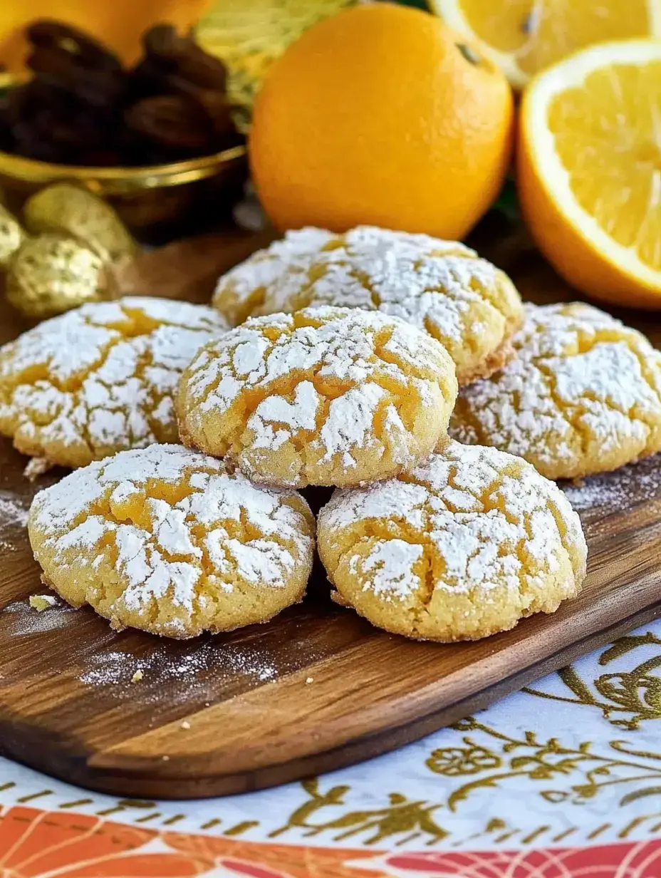 Eine Nahaufnahme von mit Puderzucker bedeckten Orangenkeksen auf einer Holzplatte angeordnet, mit frischen Orangen im Hintergrund.