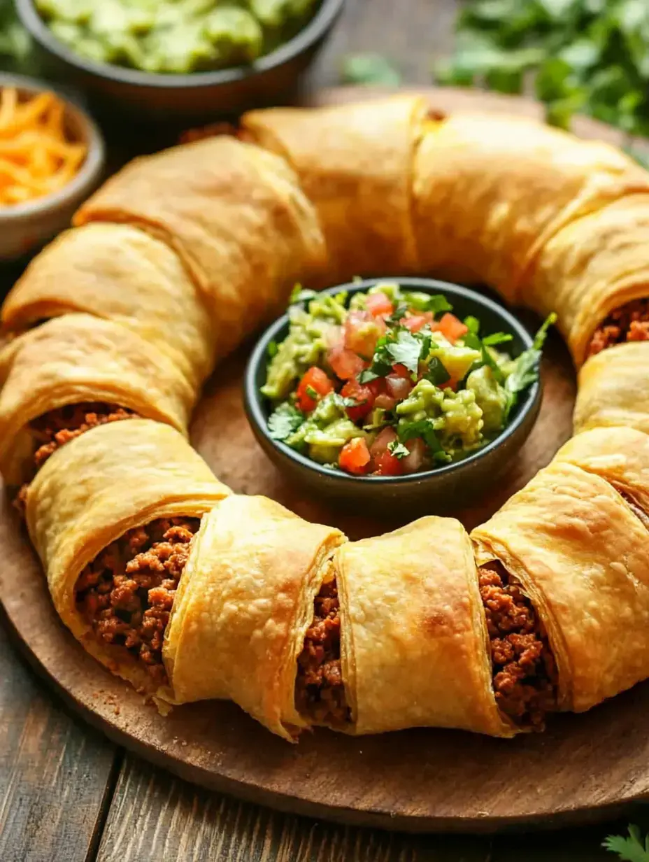 Eine kreisförmige Anordnung von goldbraunem Gebäck gefüllt mit gewürztem Fleisch, serviert mit Schüsseln Guacamole, gewürfelten Tomaten und geriebenem Käse.