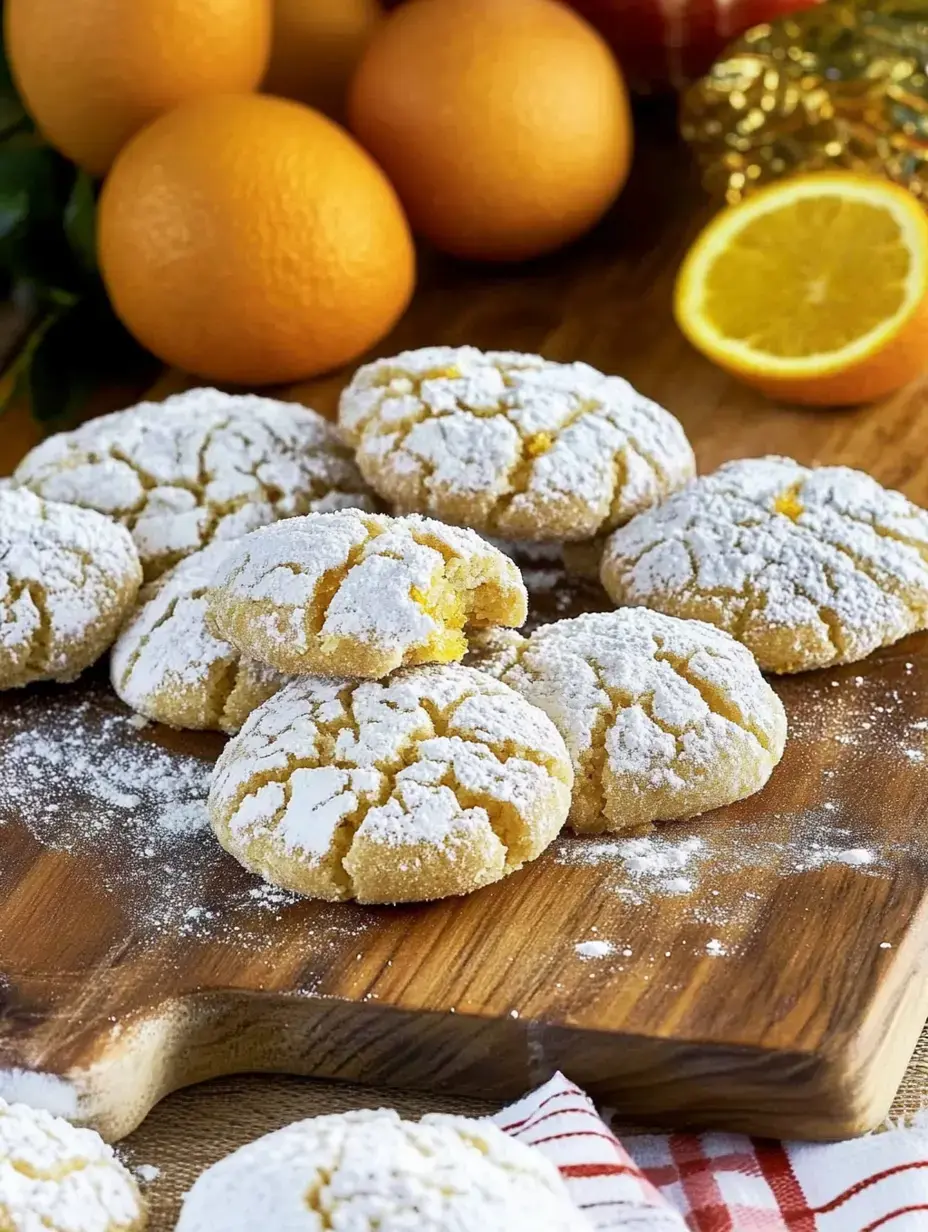 Eine Holzplatte zeigt frisch gebackene Orangenkekse mit Puderzucker bestäubt, begleitet von ganzen Orangen und einer aufgeschnittenen Orange im Hintergrund.
