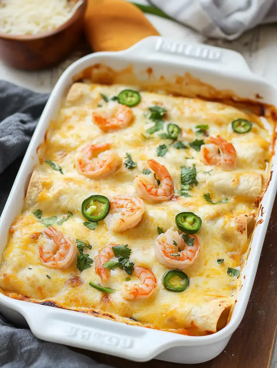 Eine weiße Schüssel gefüllt mit käsigen Garnelen-Enchiladas, garniert mit geschnittenen Jalapeños und Koriander, auf einem Holztisch mit einer Schale geriebenem Käse im Hintergrund.