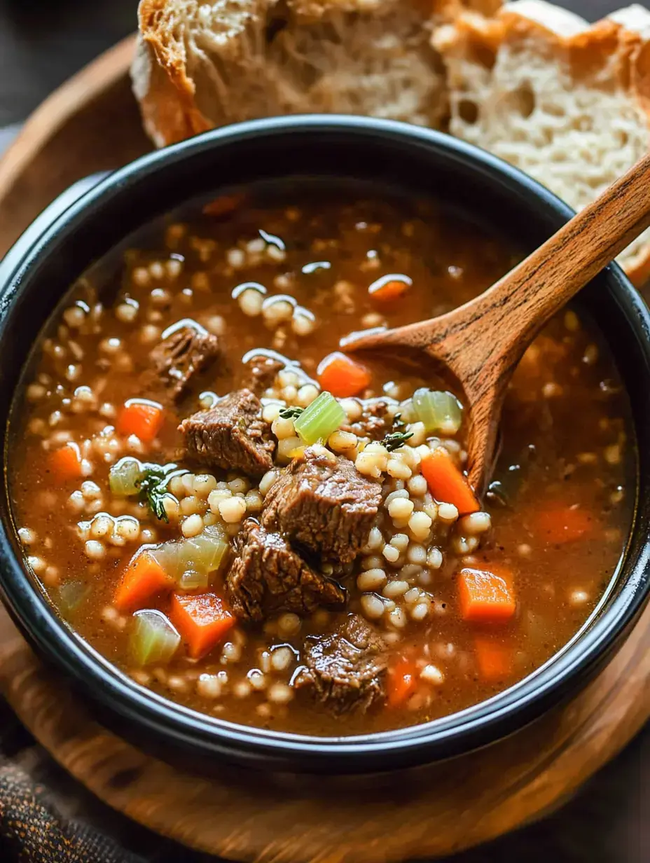 Eine Schüssel kräftige Rindfleischsuppe mit Gemüse und Gerste, dazu Brotscheiben.
