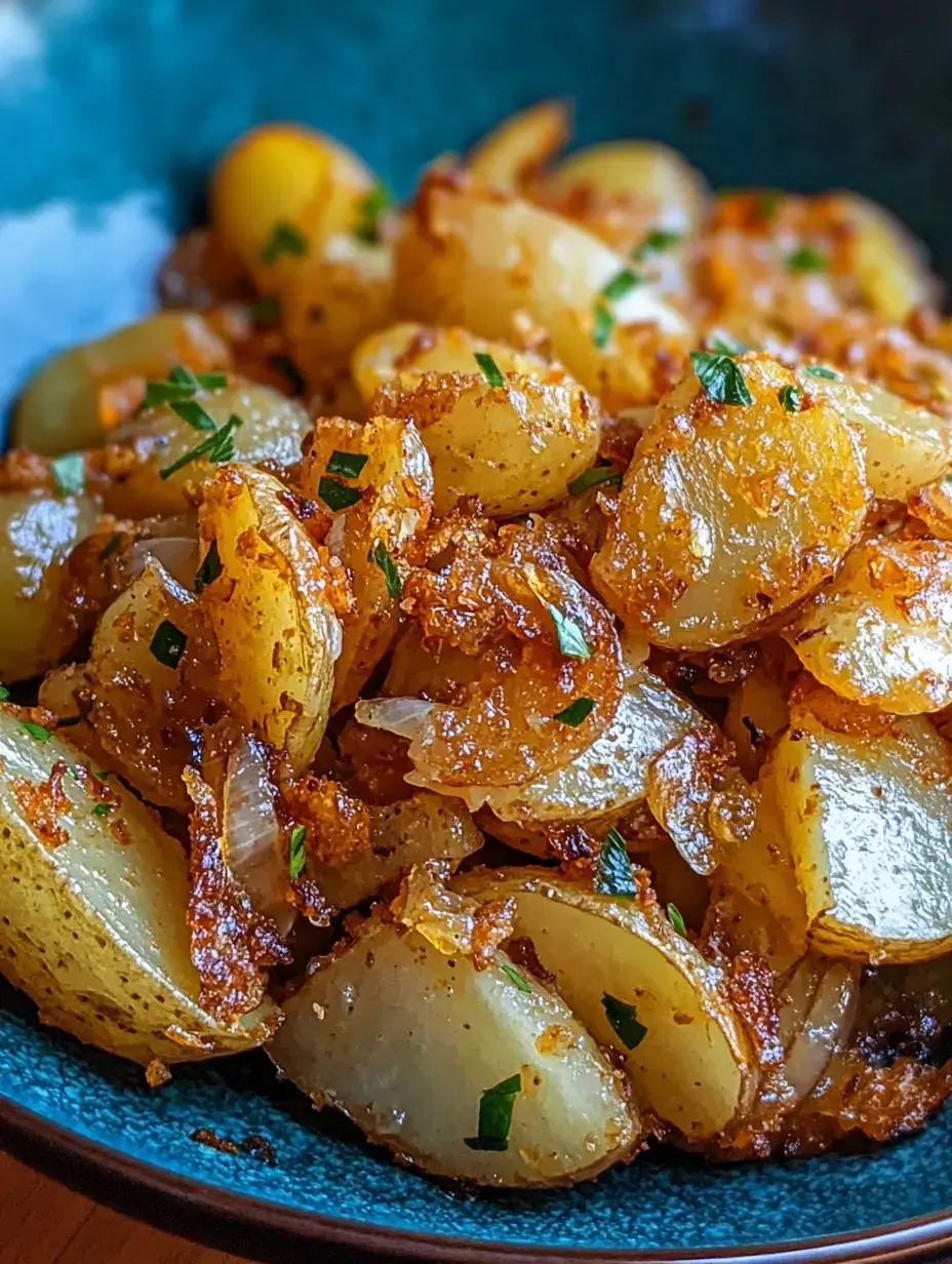 Eine Nahaufnahme von angebratenen Kartoffeln garniert mit grünen Kräutern, serviert in einer blauen Schüssel.