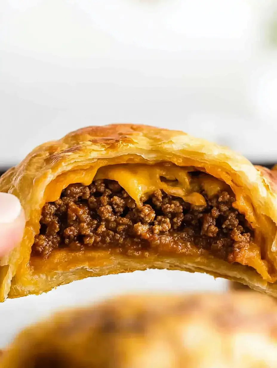 Eine Nahaufnahme von blättrigem Gebäck mit einer Füllung aus gewürztem Rinderhackfleisch und geschmolzenem Käse.