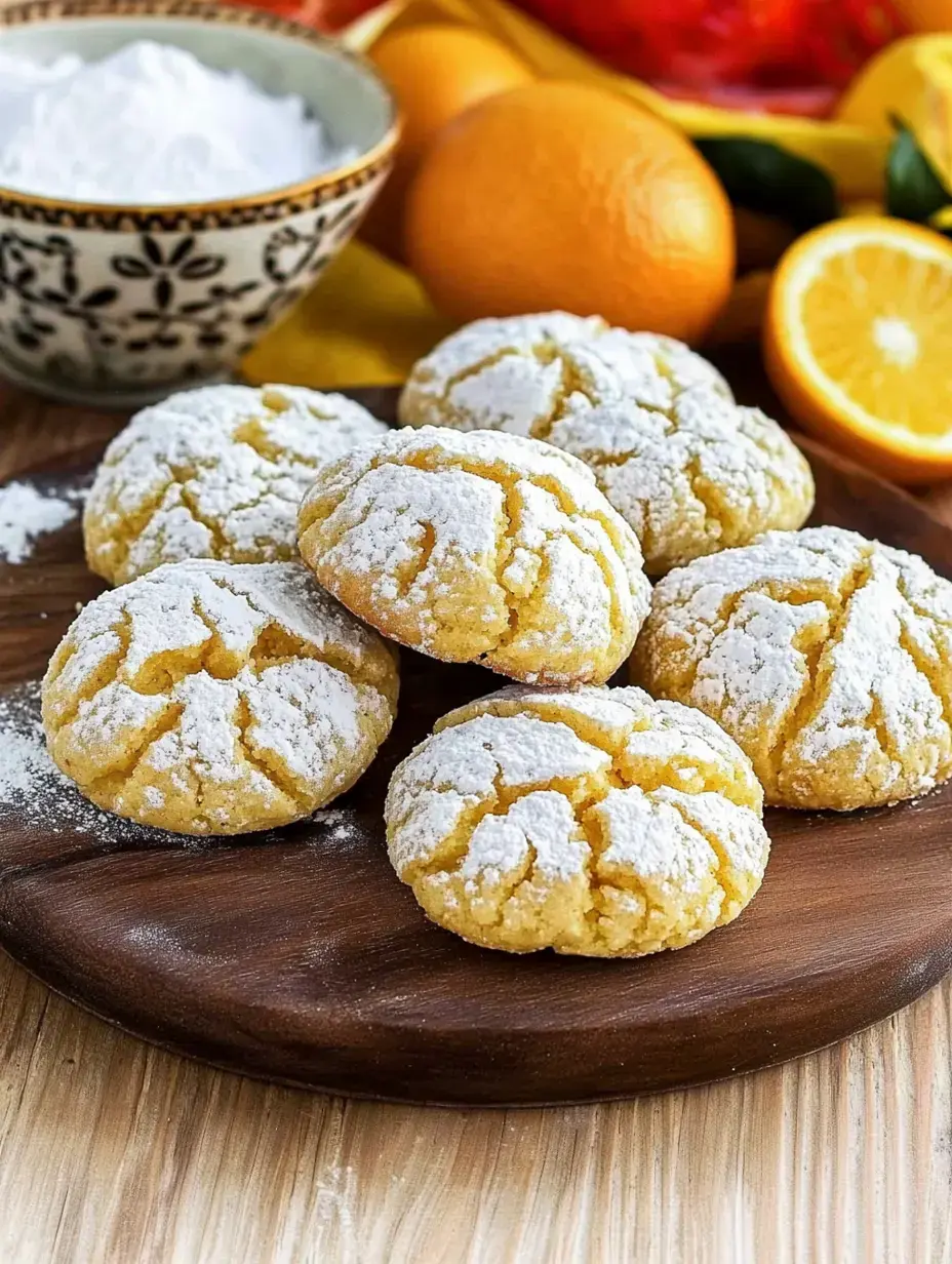 Eine Holzplatte hält mehrere mit Puderzucker überzogene Kekse, mit einer dekorativen Schale Puderzucker und verschiedenen Zitrusfrüchten im Hintergrund.