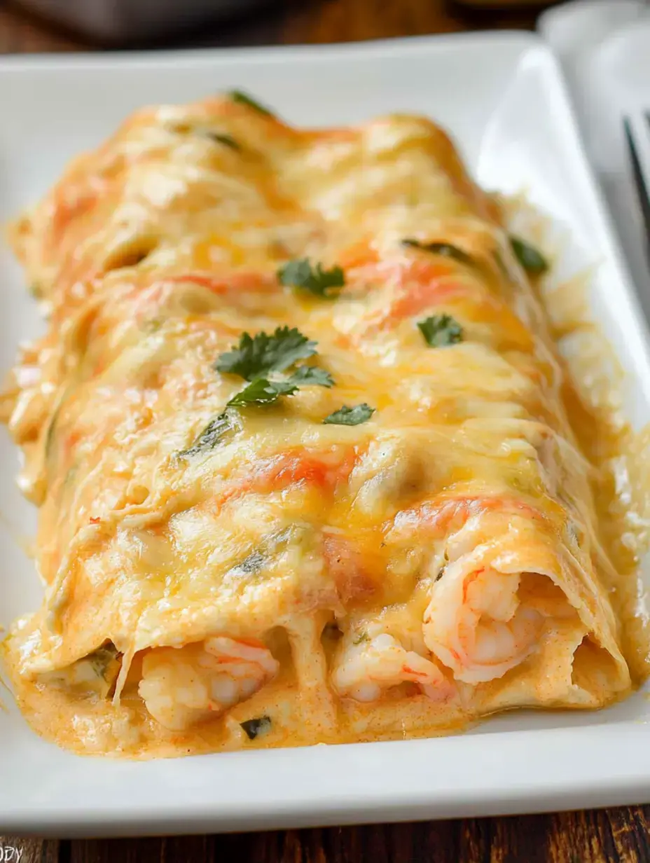 Eine Portion Garnelen-Enchiladas mit geschmolzenem Käse und Koriander garniert, auf einem weißen Teller serviert.