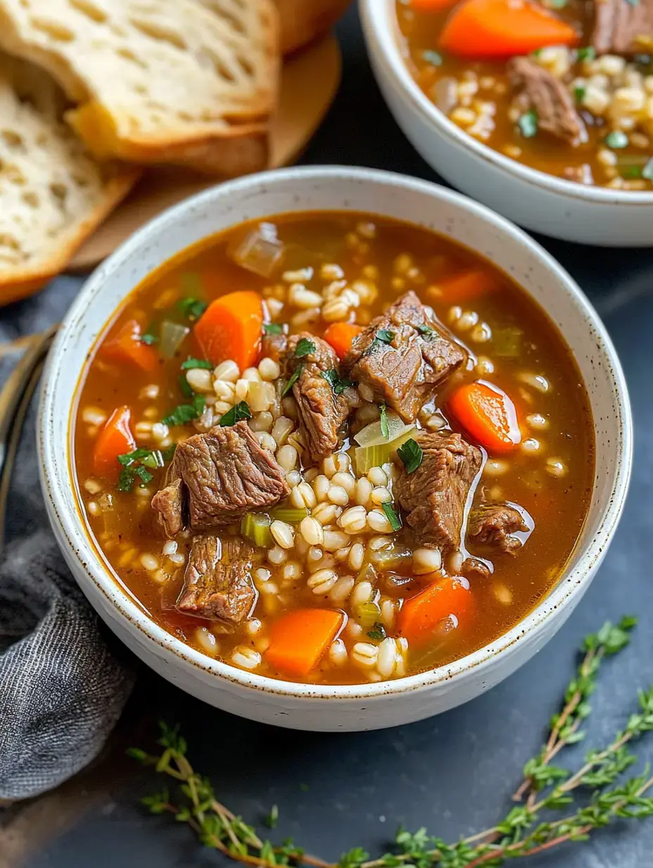 Eine Schüssel herzhafte Rindfleisch-Gerste-Suppe gefüllt mit Rinderstücken, Möhren und Gerste, dazu Brotscheiben.