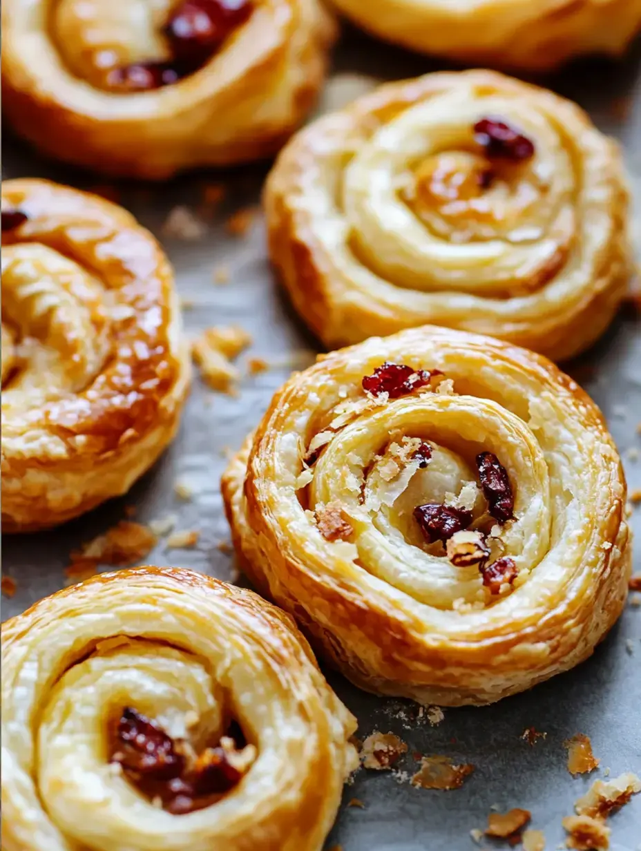 Eine Nahaufnahme von goldbraunen, spiralförmigen Gebäckrollen gefüllt mit dunkelroten Fruchtstücken, angeordnet auf einem Backblech.