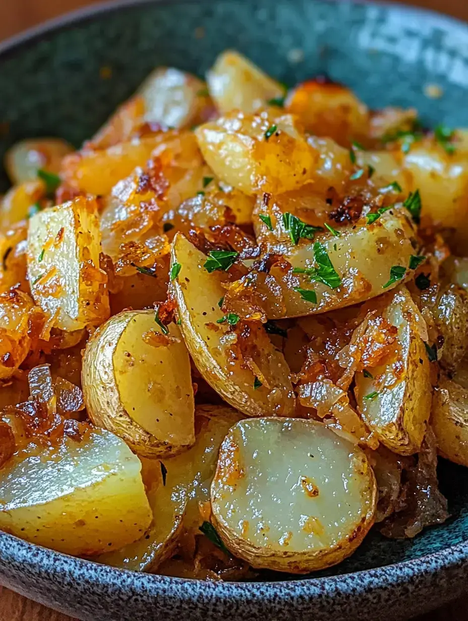 Eine Nahaufnahme einer Schüssel gefüllt mit goldbraunen, gerösteten Kartoffeln, garniert mit gehackten Kräutern.