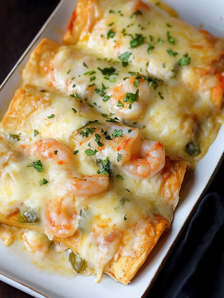 Ein Teller mit käsigen Garnelen-Enchiladas, garniert mit frischen Kräutern.