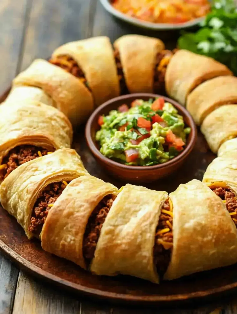 Eine runde Platte mit halbmondförmigen Gebäckstücken gefüllt mit Fleisch und Käse, begleitet von einer Schüssel Guacamole und Salsa.