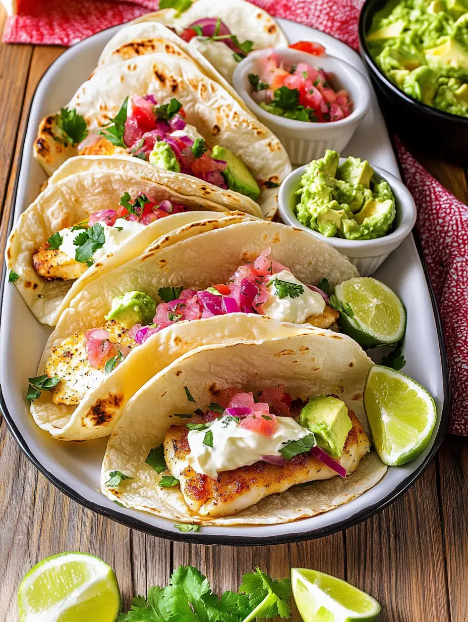 Eine Platte mit Fisch-Tacos, belegt mit frischen Zutaten wie Pico de Gallo, Avocado, Koriander und serviert mit Limettenspalten und Guacamole.