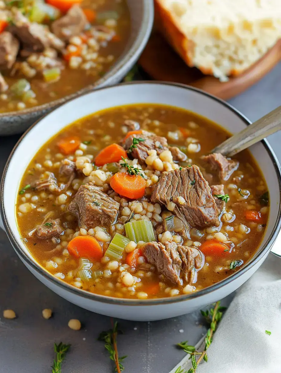 Eine Nahaufnahme einer Schüssel herzhafter Rindfleisch-Gerste-Suppe mit Möhren und Sellerie, dazu eine Scheibe Brot.